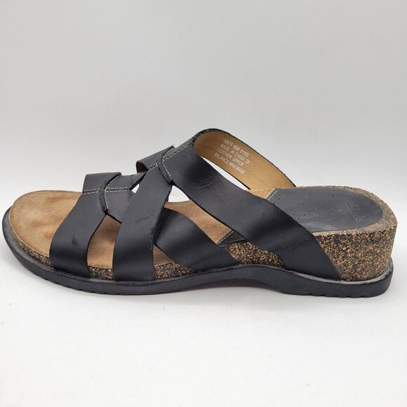 Clarks Black Slide Slip On Strappy Leather Comfort Sandals Arch Support Sz 8.5 - Picture 4 of 9